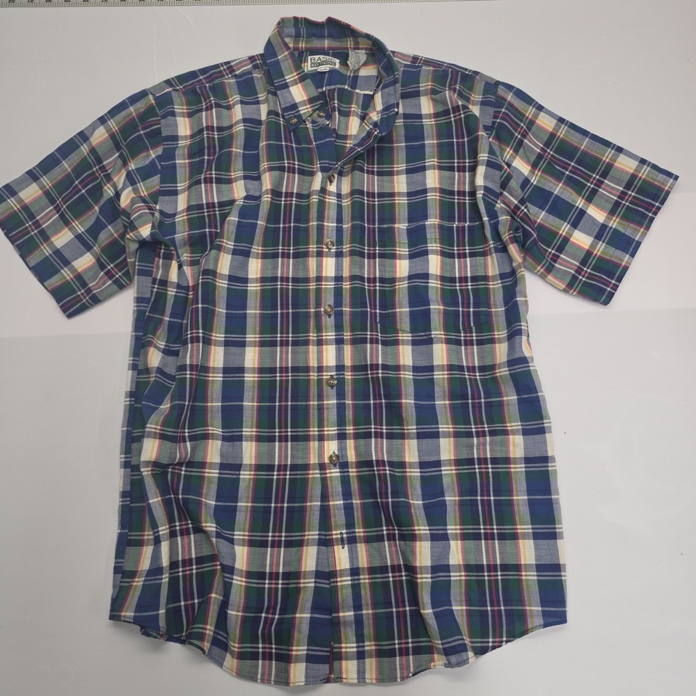 Vintage Basic Editions Mens Medium Short Sleeve Plaid Button Shirt Blue Green